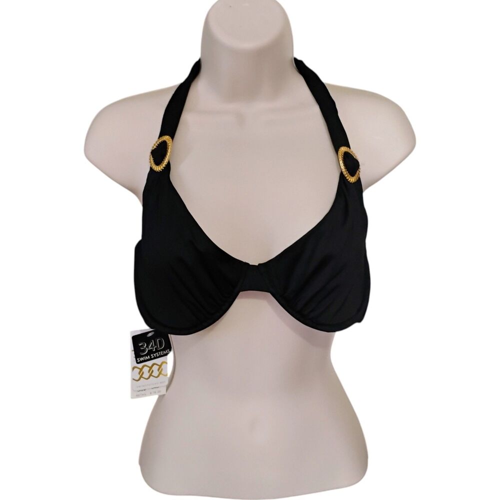 Swim Systems 34D Black Gold Onyx Halter Bikini Top Underwire NWT $78 F722